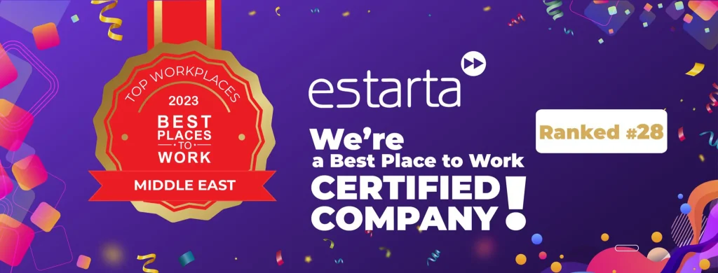 A banner featuring a red badge reading "Top Workplaces 2023 Best Places to Work Middle East." The text next to the badge reads "estarta We're a Best Place to Work Certified Company!" with a label indicating "Ranked #28 in the Middle East." Confetti decorates the background.