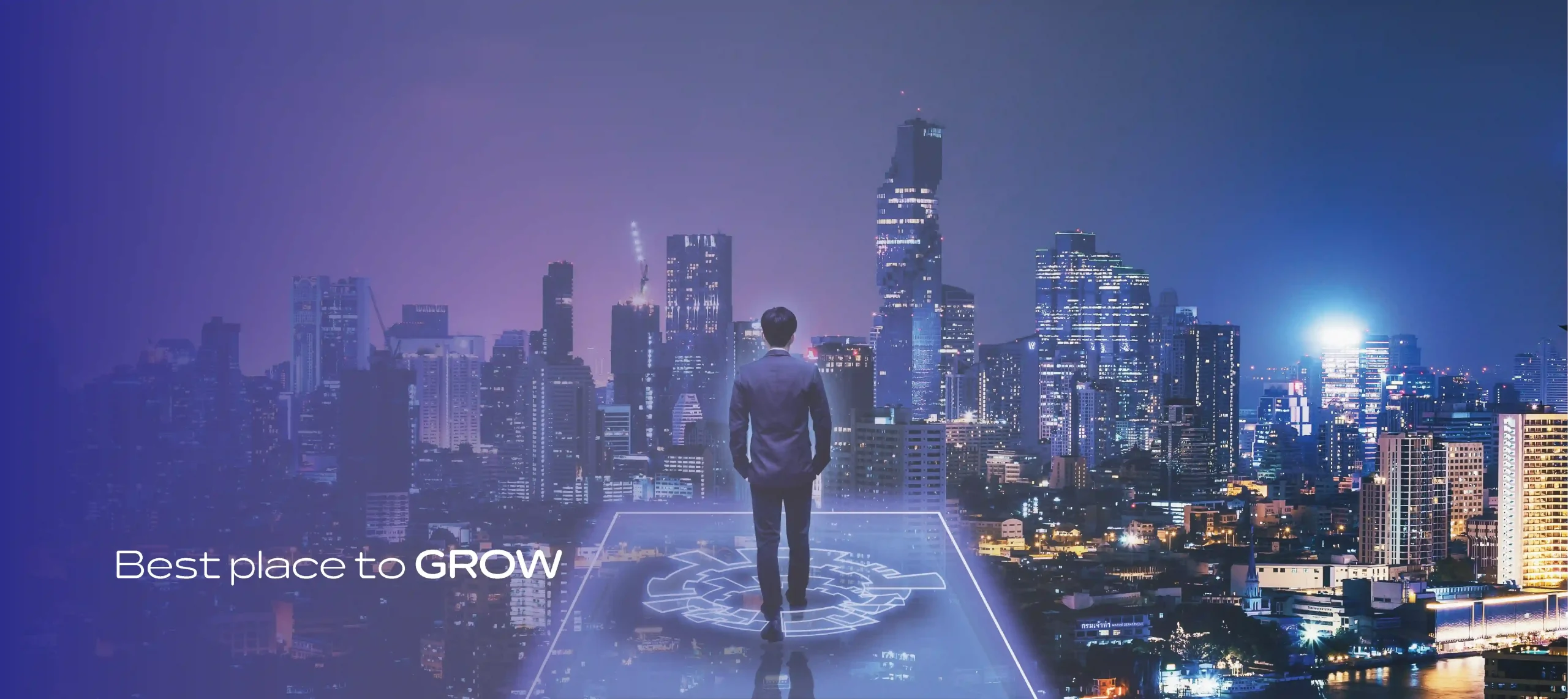 A person in a suit stands on a transparent digital platform with cityscape in the background, facing illuminated skyscrapers at night. The text "Best place to GROW" appears on the left side of the image, perfectly crafted using Elementor.